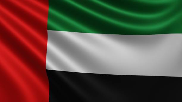 rendu du drapeau des émirats arabes unis flotte dans le vent en gros plan, le drapeau national des émirats arabes unis flotte en résolution 4k, gros plan, couleurs: rvb. - flag of the united arab emirates photos et images de collection