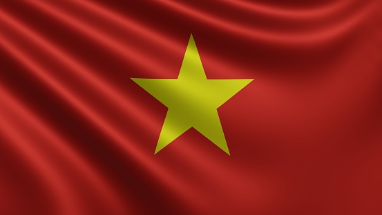 Render of the Vietnam flag flutters in the wind close-up, the national flag of Vietnam flutters in 4k resolution, close-up, colors: RGB. High quality 3d illustration