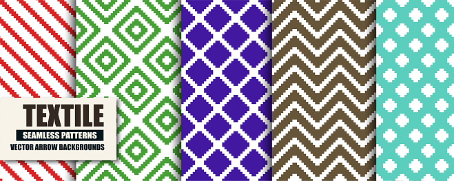 Collection of colorful seamless geometric patterns. Vector bright striped backgrounds. Creative trendy endless fabric textures. Vibrant cloth prints.