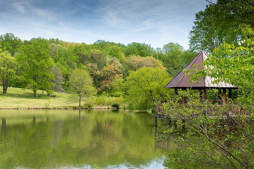 A gazebo and trees reflected on a pond in a botanical garden in the springtime.