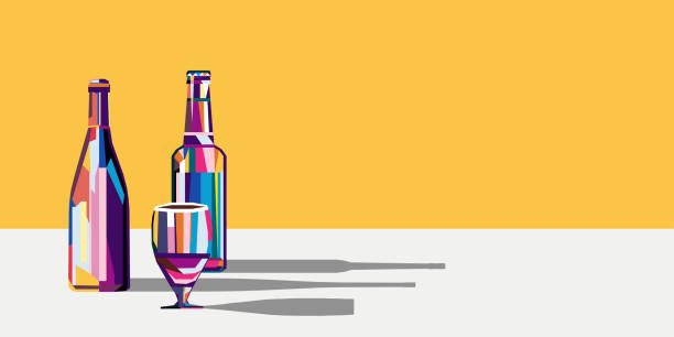 illustrazioni stock, clip art, cartoni animati e icone di tendenza di varie bottiglie multicolori con vino e birra e un bicchiere accanto a loro. - beer wine drink collection