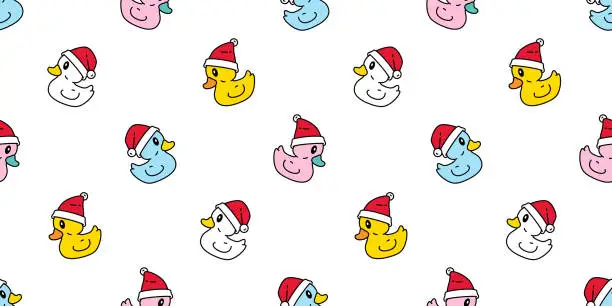 Vector illustration of duck seamless pattern christmas hat santa claus bird goose shower bathroom swimming pool bird chicken vector cartoon pet scarf isolated animal tile wallpaper repeat background doodle illustration design