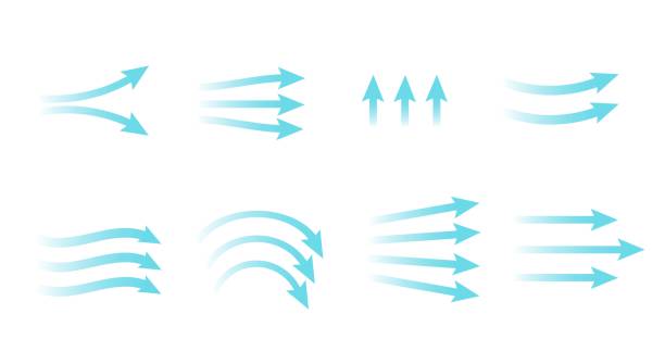 ilustraciones, imágenes clip art, dibujos animados e iconos de stock de direcciones del flujo de aire.iconos azules con flechas. ilustración vectorial. - fluir