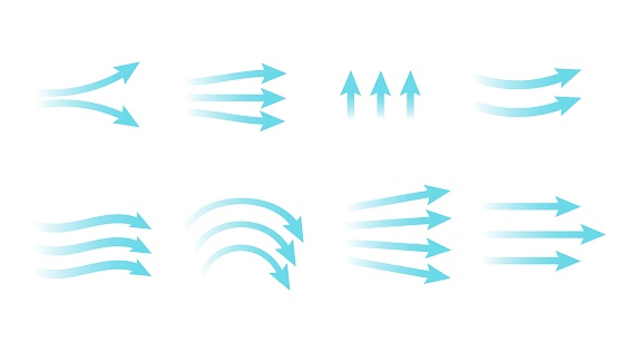Air flow directions.
Blue Icons with arrows.Vector illustration.