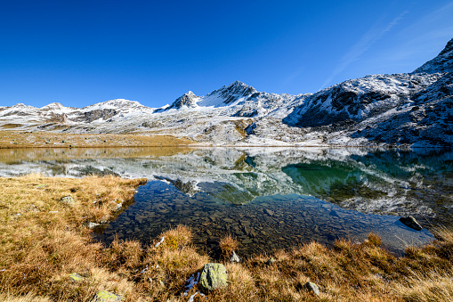 Beautiful landscape with the reflection of the snowcapped mountains in a lake at the snow line in the Verwall Alps, Vorarlberg
