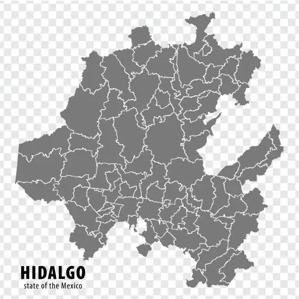 Vector illustration of State Hidalgo of Mexico map on transparent background. Blank map of  Hidalgo  with  regions in gray for your web site design, logo, app, UI. Mexico. EPS10.