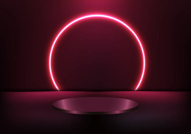 istock 3D realistic podium pedestal with glow spotlight and blank display red neon light circle backdrop on dark background 1445016376