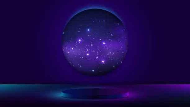 Vector illustration of 3D realistic empty podium pedestal neon lights colors with world circle blue night space cosmos