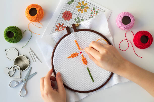 istock Floral pattern in hands on canvas. Cross stitch technique. Hobby, handmade home decor concept. DIY. 1445016592