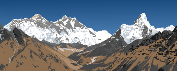 illustrations, cliparts, dessins animés et icônes de le mont lhotse et le nuptse font face rocheuse sud au mont everest - himilaya