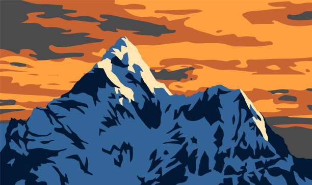 ilustraciones, imágenes clip art, dibujos animados e iconos de stock de vista nocturna del monte ama dablam, ilustración vectorial - sunset winter mountain peak european alps