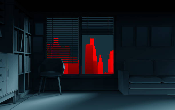 3d render illustration of dark noir room background. stock photo