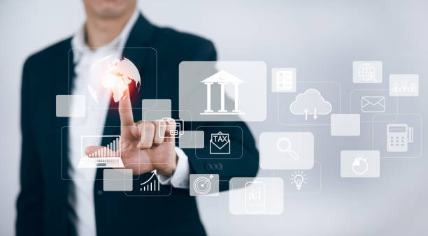 istock Businessman touchscreen on the graph Screen Icon of a media screen, Technology Process System Business with Communication and marketing concept, Team success, HR Human, Business success,Big data 1445019082