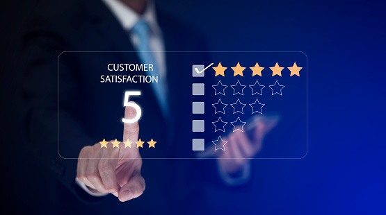 Businessman touch Customer review satisfaction feedback survey concept, User give rating to service experience on online application, service leading to reputation ranking business, 5 star