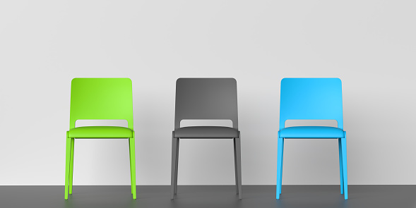 3D rendering Chair concept: Simple colorful chairs in minimalist design standing in a row against blank colored background with copy space.