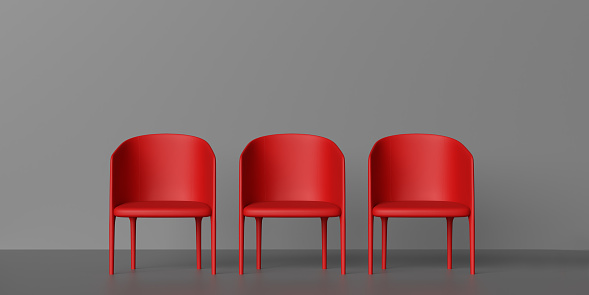 3D rendering Chair concept: Simple colorful chairs in minimalist design standing in a row against blank colored background with copy space.