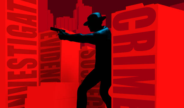 3d render illustration of aiming armed detective walking amongst red buildings.