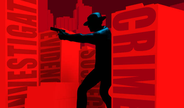 3d render illustration of aiming armed detective walking amongst red buildings. stock photo