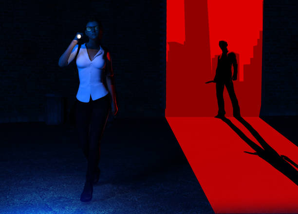 3d render illustration of lady detective with flashlight and killer on street background. stock photo