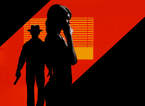 3d render illustration of scared victim lady standing with mobster or armed detective with gun on red colored room background.