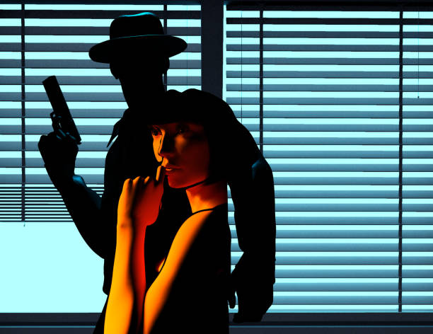 illustration de rendu 3d d’un détective masculin ou d’un gangster avec une silhouette d’arme à feu avec une dame sur des stores en arrière-plan. - police crime gun gang member photos et images de collection