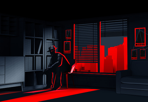 3d render noir illustration of toon detective with gun on dark room background.