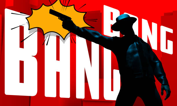 istock 3d render illustration of comic style detective shooting gun on red background. 1445021216