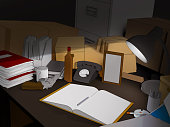 istock 3d render illustration of toon style detective table space. 1445021292