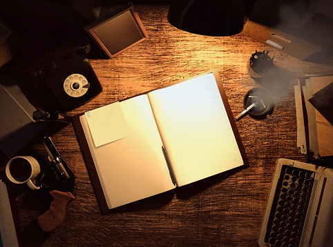 3d render illustration of detective workspace table with gun, lamp, smoking cigarette and opened book or case file, upper view.