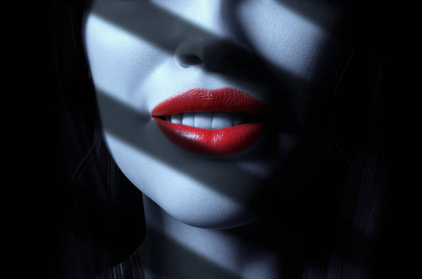 3d render illustration of sexy lady face with red lips and sun shades shadow. stock photo