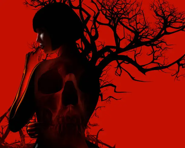 Photo of 3d render illustration of lady in black dress with skull on red background.