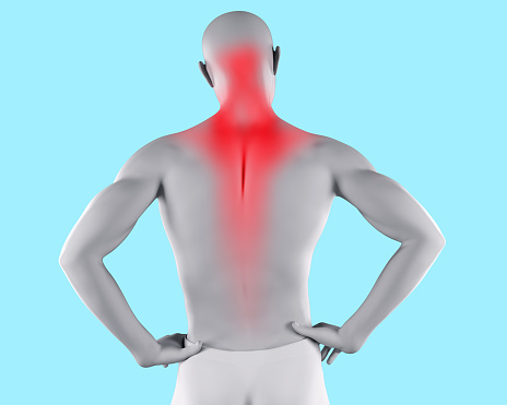 3d render illustration of male figure with neck and back muscle pain highlighted area on blue background.