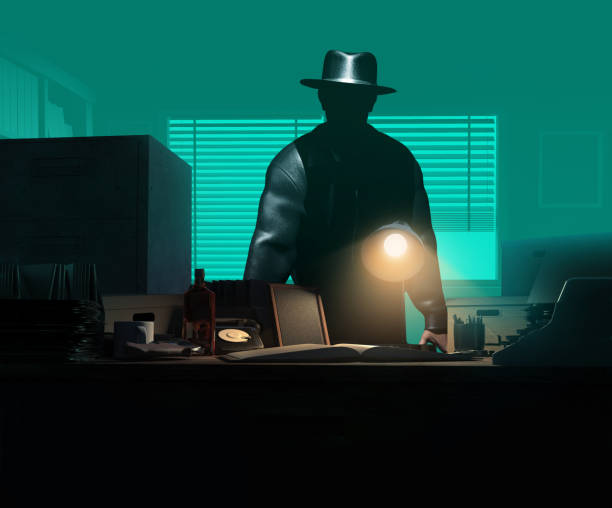 3d-render-illustration eines männlichen detektivs, der sich auf dem tisch auf dem hintergrund des dunklen raums lehnt. - protagonist stock-fotos und bilder