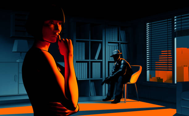 3d render noir illustration of mysterious lady in dress with detective in dark room background. stock photo