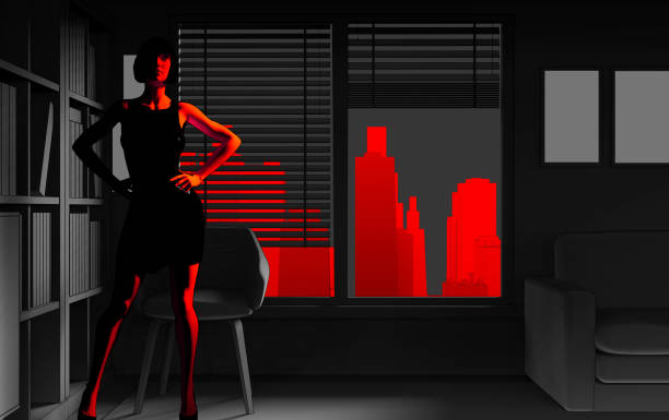 3d render illustration of mysterious lady in dress standing in dark room background. stock photo