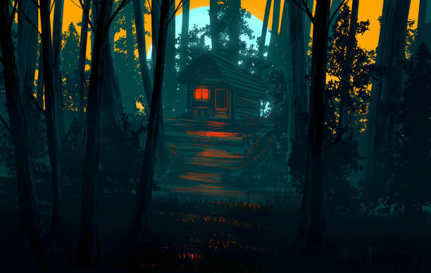 Artwork illustration of scary woods with ghostly shack.