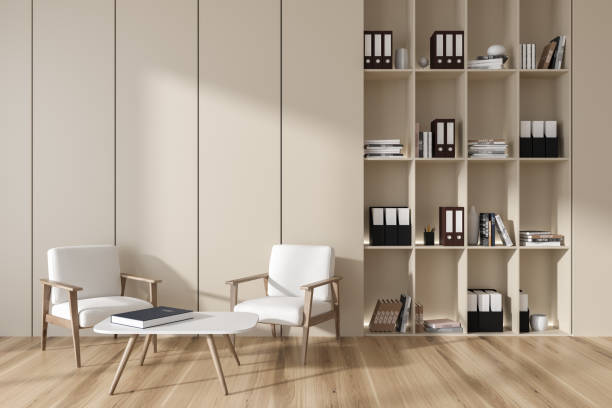 istock Light office interior with meeting area and shelf. Empty wall 1445021718