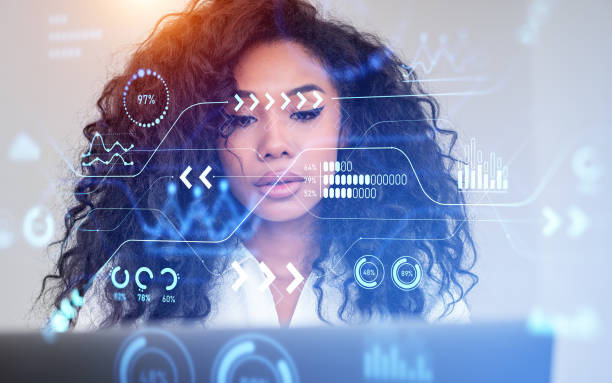 istock African businesswoman with laptop, big data graph chart with arr 1445021775