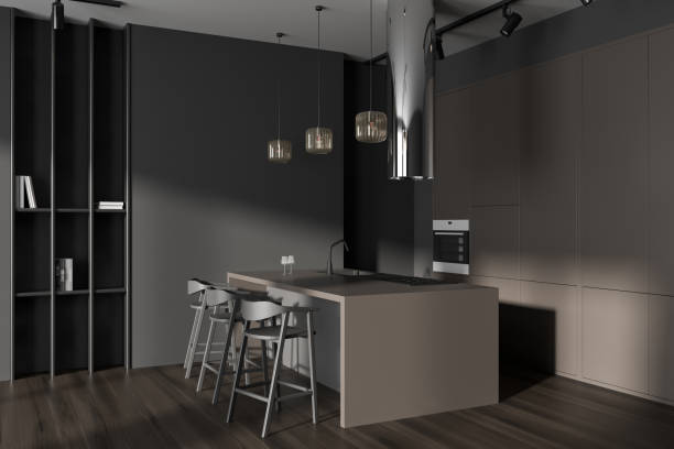 istock Brown kitchen interior with countertop and seats, shelves and kitchenware 1445022544