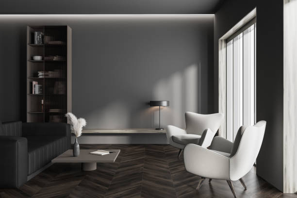 istock Grey relaxing interior with couch and armchair near window. Mockup wall 1445022728