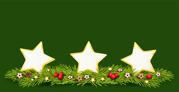 Vector illustration of Christmas card with blank stars, holly berries and 
gingerbread on pine branches,
Vector illustration isolated on green background