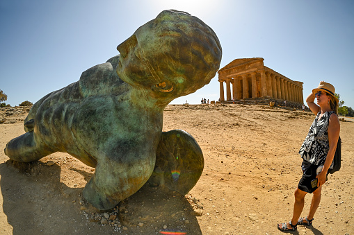 Valley of the Temples, Sicily, Italy: The statue of Icarus can be admired in front of the Temple of Concordia