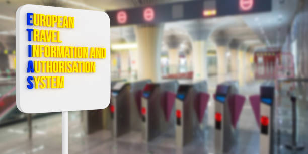 European Travel Information and Authorisation System, airport check-in background stock photo