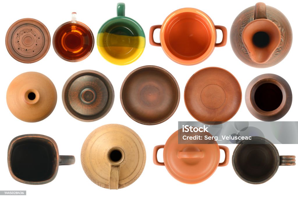 Collection of ceramic products top view isolated on white Collection of ceramic products top view isolated on white background High Angle View Stock Photo