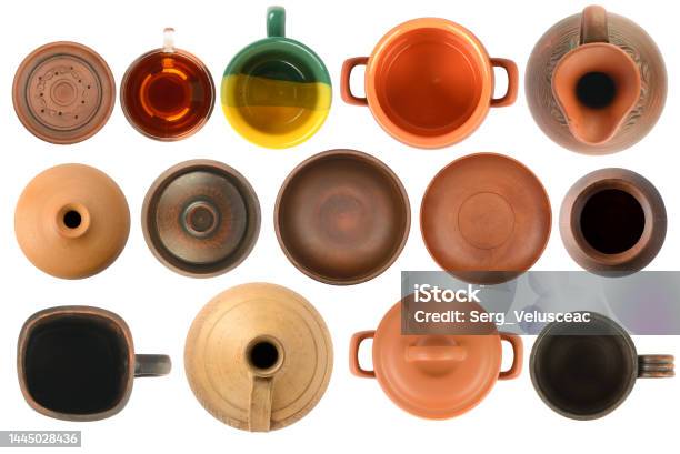 Collection Of Ceramic Products Top View Isolated On White Stock Photo - Download Image Now