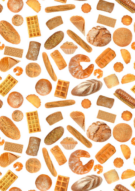 Big seamless pattern of bread products isolated on white background.
