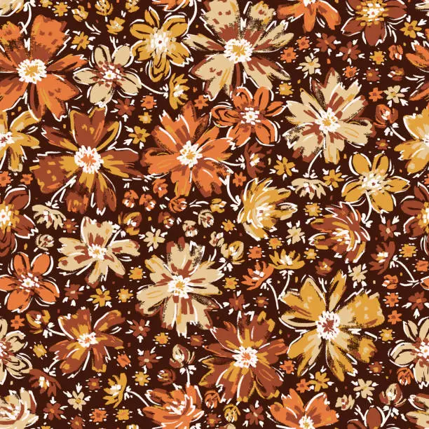 Vector illustration of Ditsy Print. Simple Different Small Flowers. Blooming Meadow Seamless Pattern. Wildflowers Vintage Background. Millefleurs Liberty Style Floral Design.