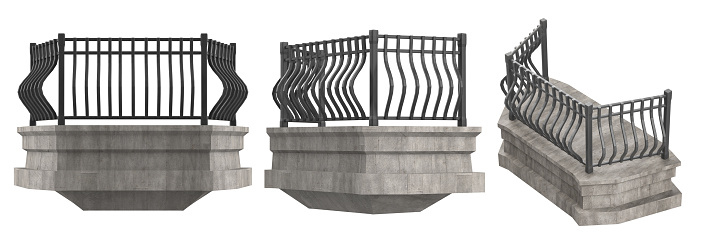 Isolated 3d render illustration of medieval castle or fortress balcony in various angles on white background.