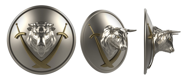 Isolated 3d render illustration of medieval round steel shield with bull head and golden swords in various angles on white background.