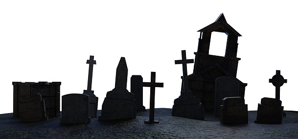Isolated 3d render illustration of horror scary cemetery graveyard landscape on white background.